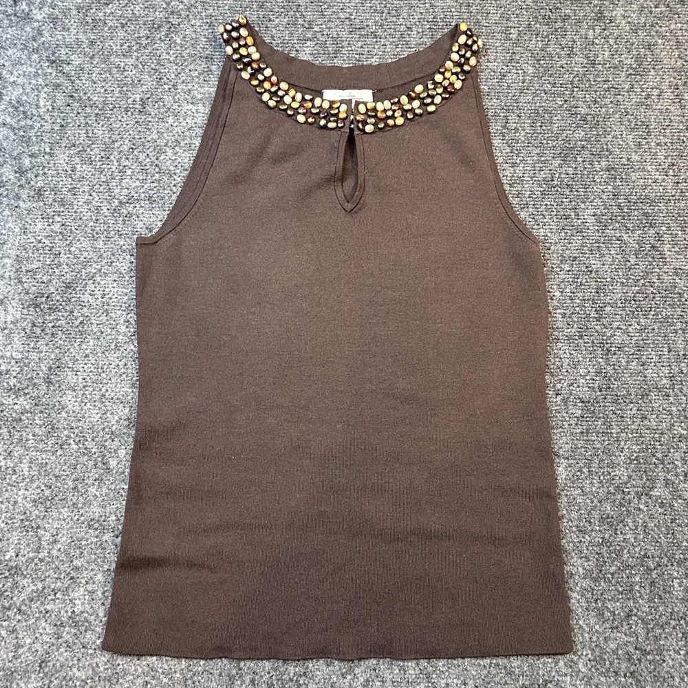 Ann Taylor LOFT Beaded Neckline Silk Cotton Tank Keyhole Brown Medium Y2K 90s